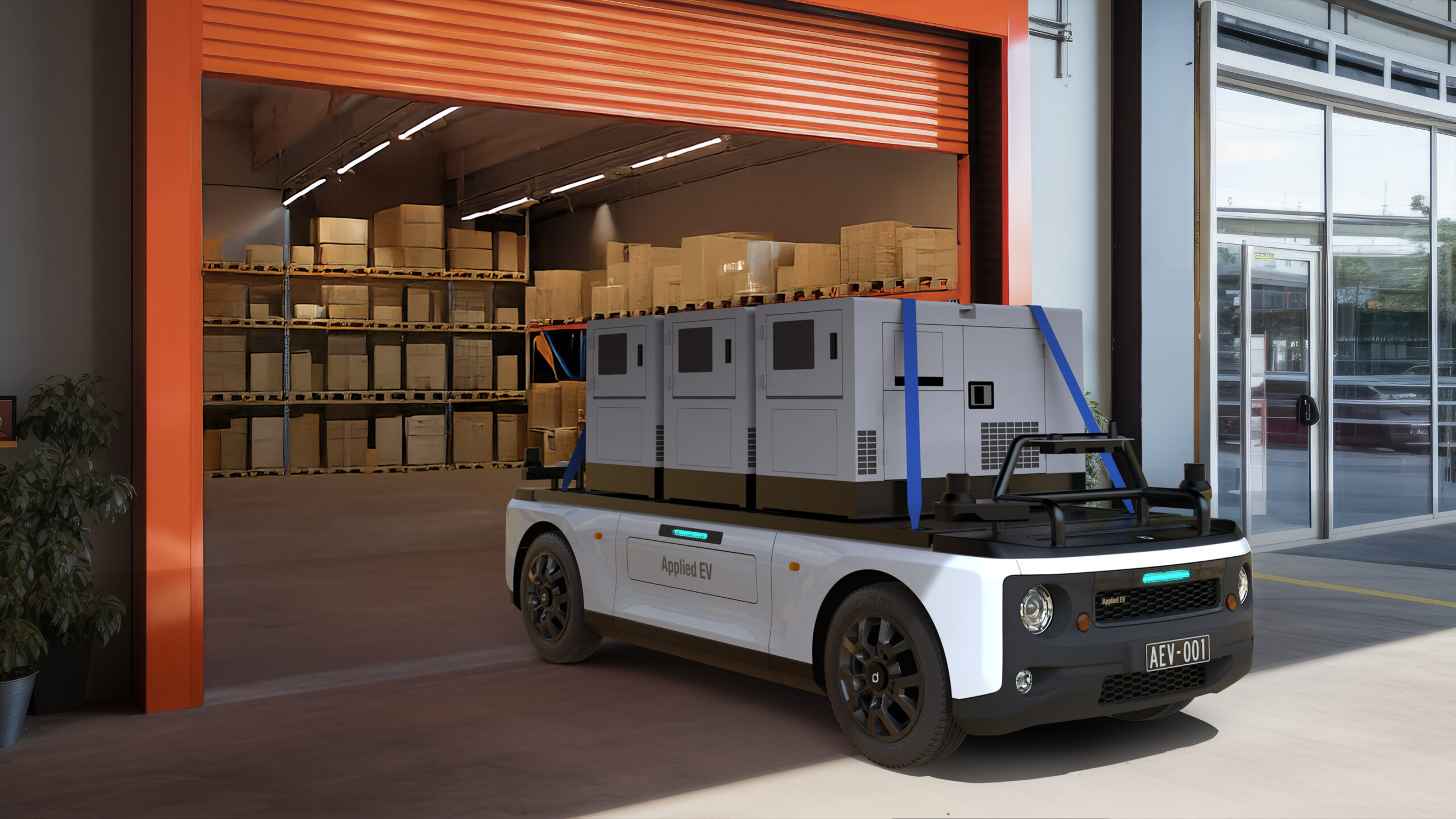 Modern Industrial Warehouse with Orange Roller Shutter Door autonomous EV in logistics role