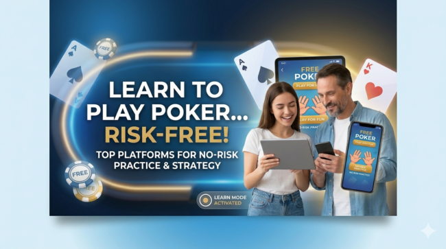 A man and woman using a smartphone and a tablet to view apps for free online poker games. The blue digital background includes floating poker chips and cards, and supports the main banner text, which states, 'Learn to Play Poker... Risk-Free!' with options for no-risk practice and strategy.